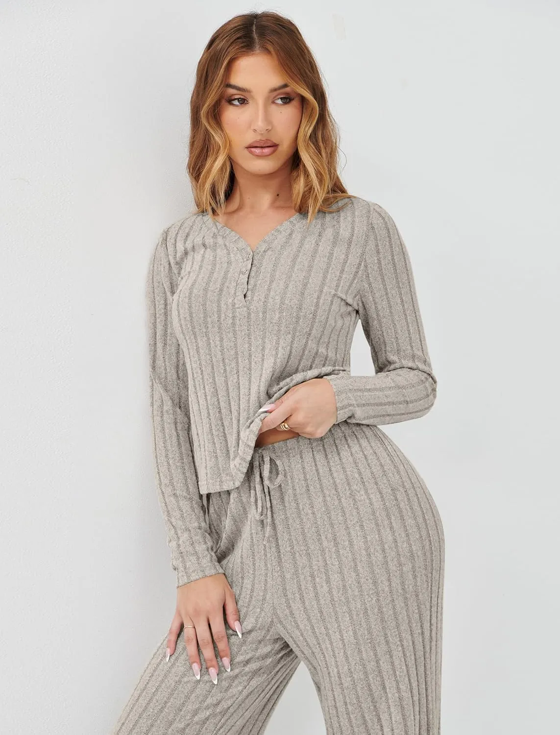 Womens Pajama Sets 2 Piece Lounge Pajamas Sets Casual Ribbed Knit Long Sleeve Matching Set