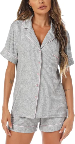 Womens Pajama Sets Button Down Short Sleeve Comfy 2 Piece Pj Set Sleepwear