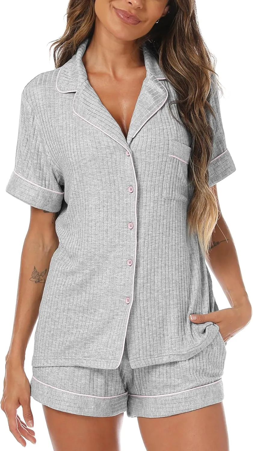 Womens Pajama Sets Button Down Short Sleeve Comfy 2 Piece Pj Set Sleepwear