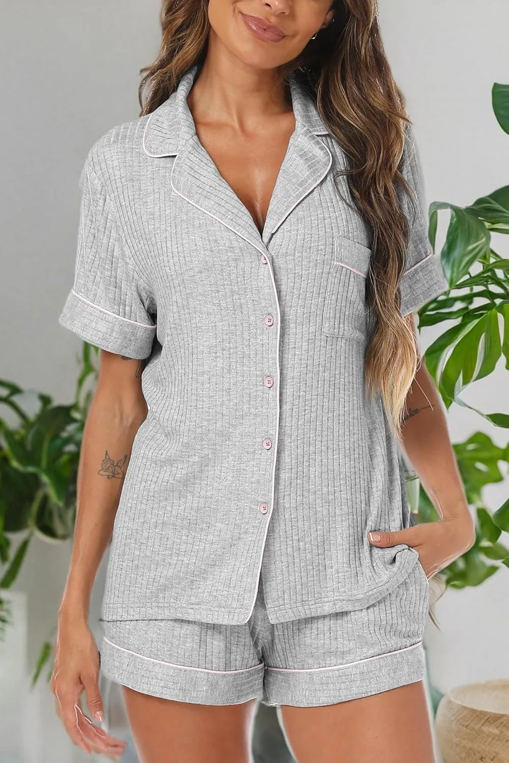 Womens Pajama Sets Button Down Short Sleeve Comfy 2 Piece Pj Set Sleepwear