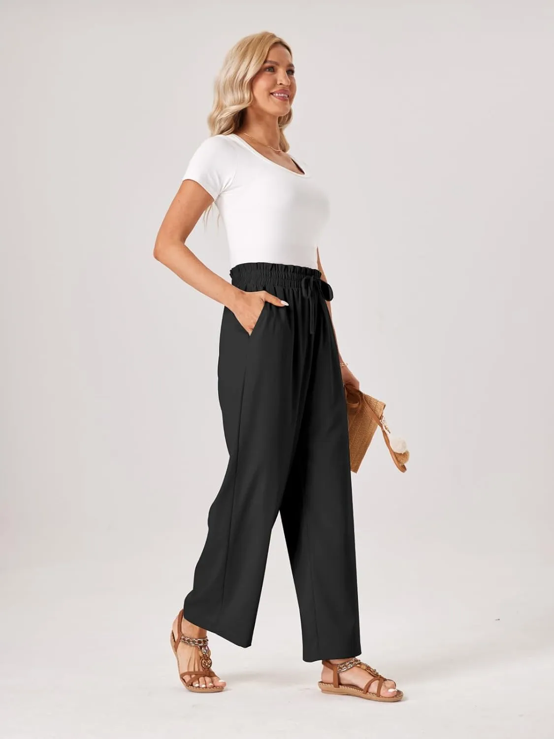 Womens Palazzo Pants Wide Leg High Waist Flowy 2025 Casual Summer Linen Beach Loose Comfy Boho Pants with Pockets