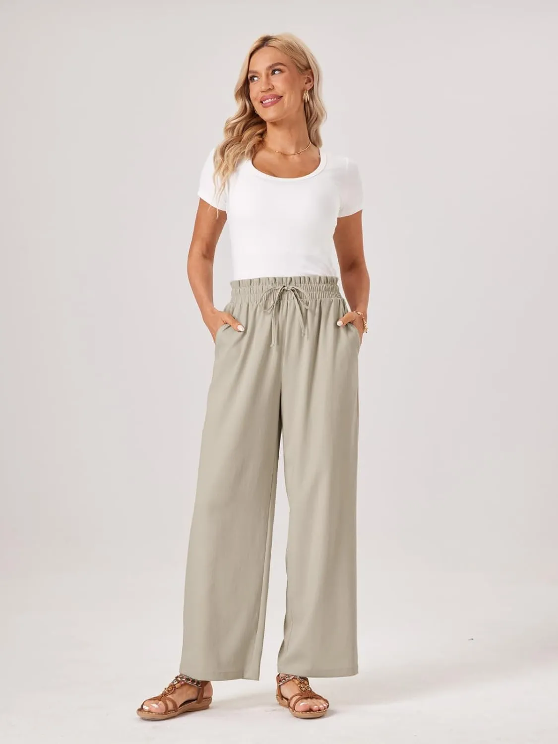 Womens Palazzo Pants Wide Leg High Waist Flowy 2025 Casual Summer Linen Beach Loose Comfy Boho Pants with Pockets