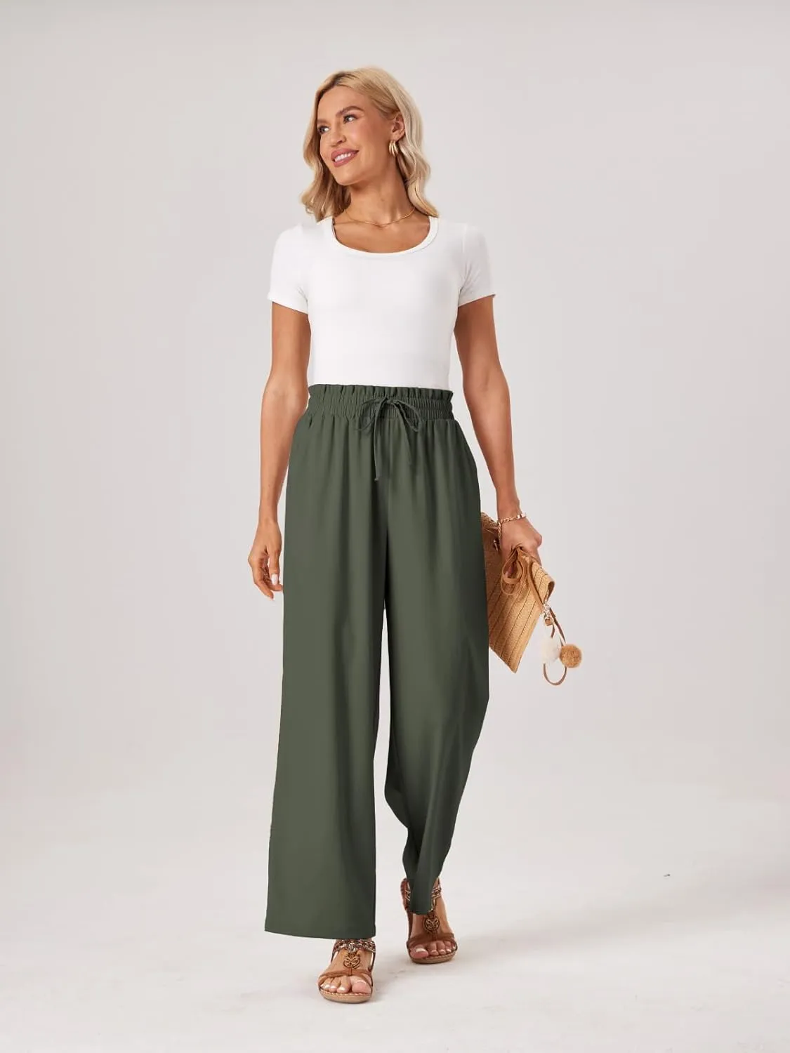 Womens Palazzo Pants Wide Leg High Waist Flowy 2025 Casual Summer Linen Beach Loose Comfy Boho Pants with Pockets