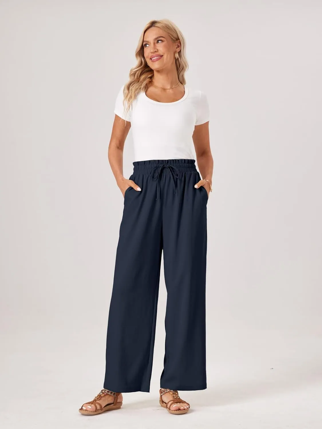 Womens Palazzo Pants Wide Leg High Waist Flowy 2025 Casual Summer Linen Beach Loose Comfy Boho Pants with Pockets