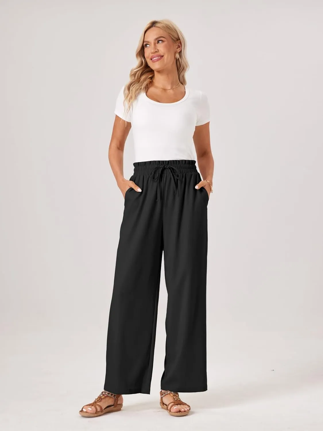 Womens Palazzo Pants Wide Leg High Waist Flowy 2025 Casual Summer Linen Beach Loose Comfy Boho Pants with Pockets
