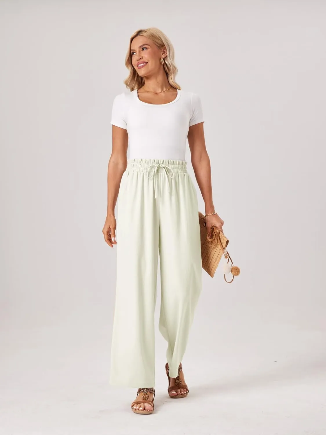 Womens Palazzo Pants Wide Leg High Waist Flowy 2025 Casual Summer Linen Beach Loose Comfy Boho Pants with Pockets