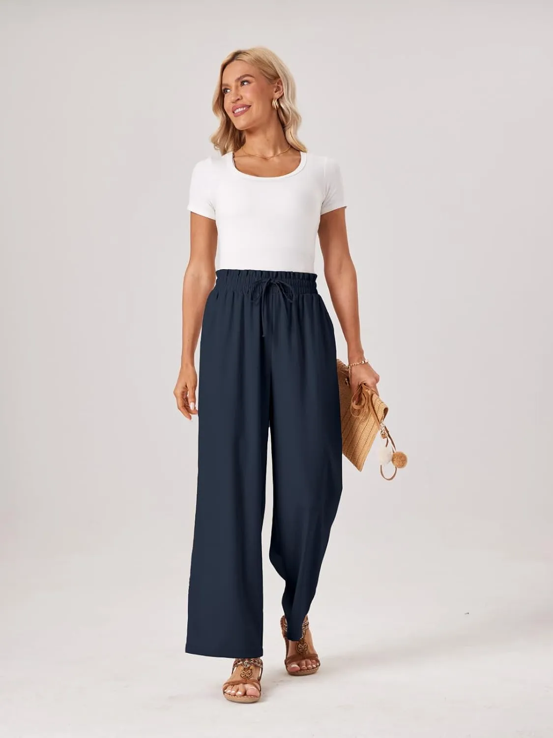 Womens Palazzo Pants Wide Leg High Waist Flowy 2025 Casual Summer Linen Beach Loose Comfy Boho Pants with Pockets
