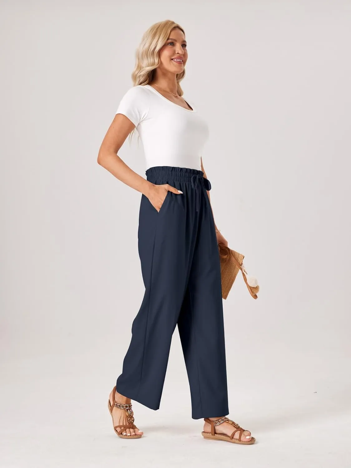 Womens Palazzo Pants Wide Leg High Waist Flowy 2025 Casual Summer Linen Beach Loose Comfy Boho Pants with Pockets