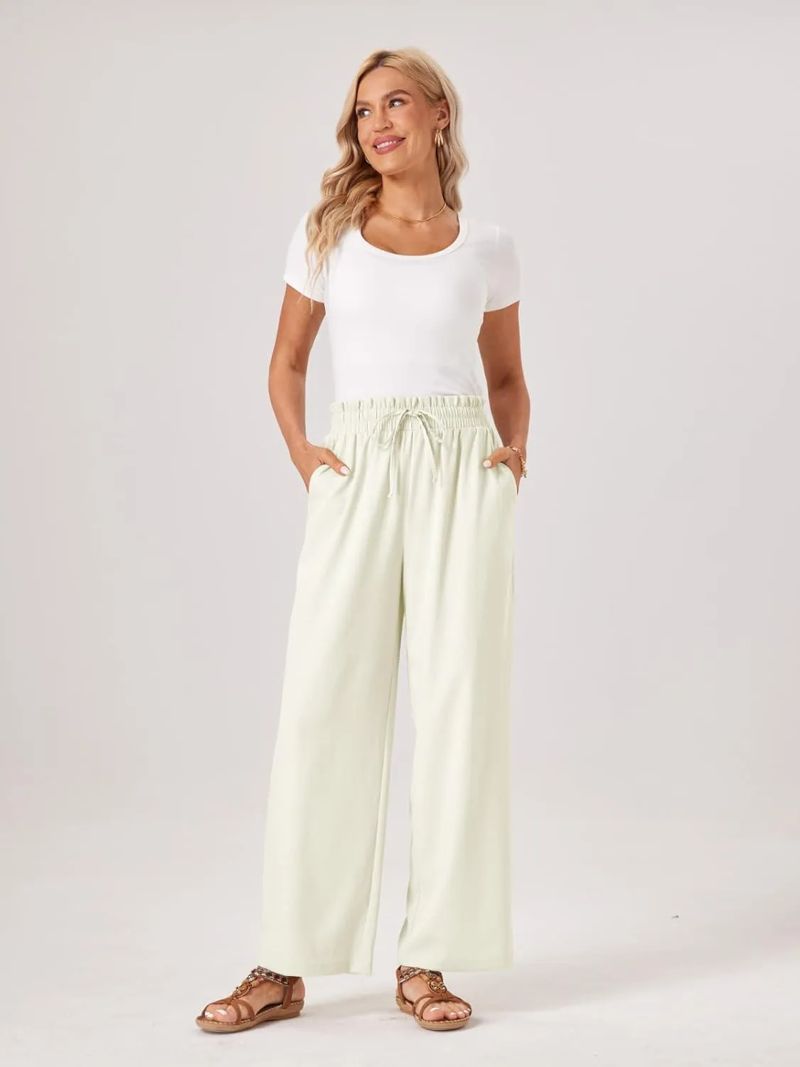 Womens Palazzo Pants Wide Leg High Waist Flowy 2025 Casual Summer Linen Beach Loose Comfy Boho Pants with Pockets