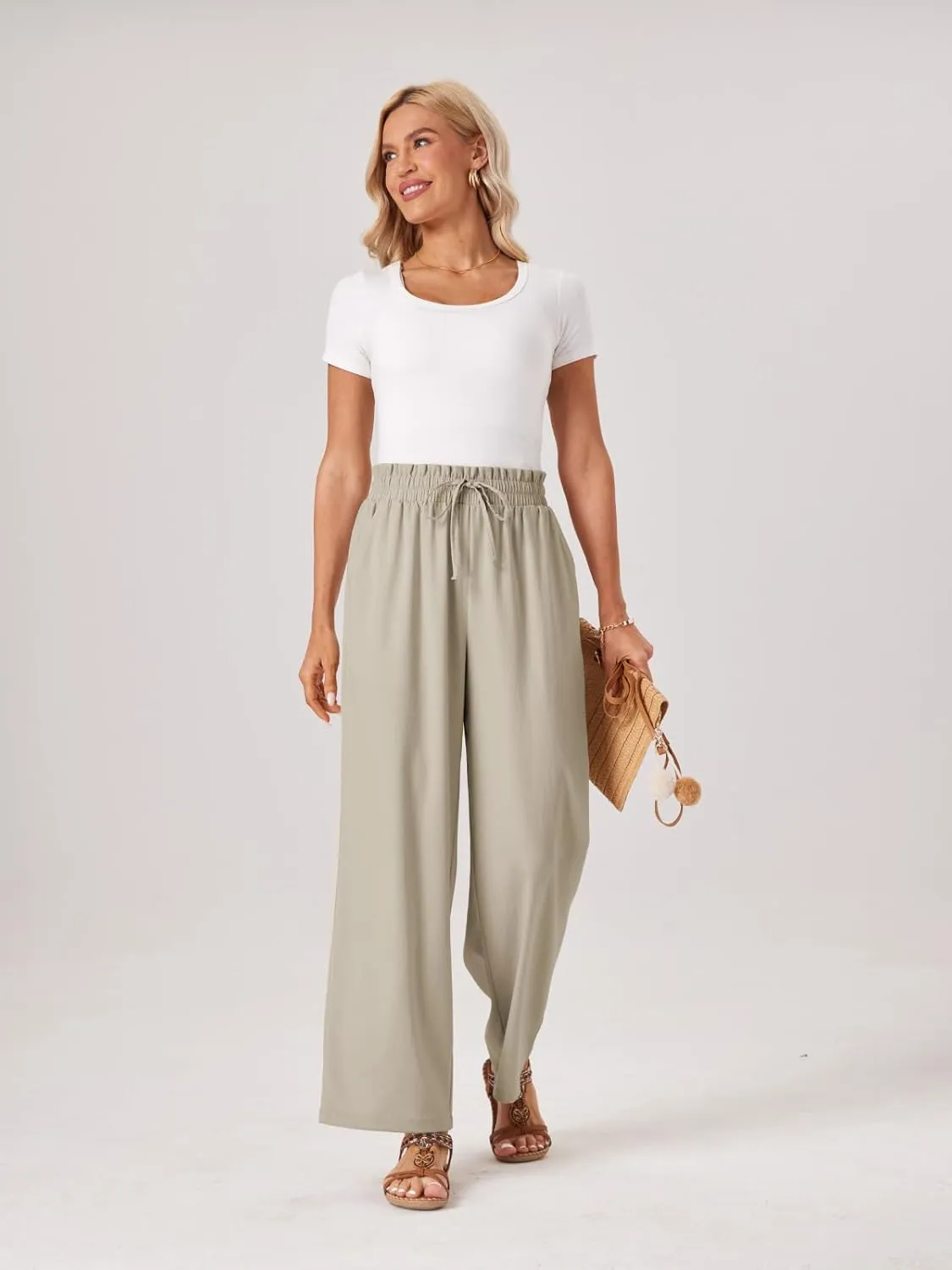 Womens Palazzo Pants Wide Leg High Waist Flowy 2025 Casual Summer Linen Beach Loose Comfy Boho Pants with Pockets