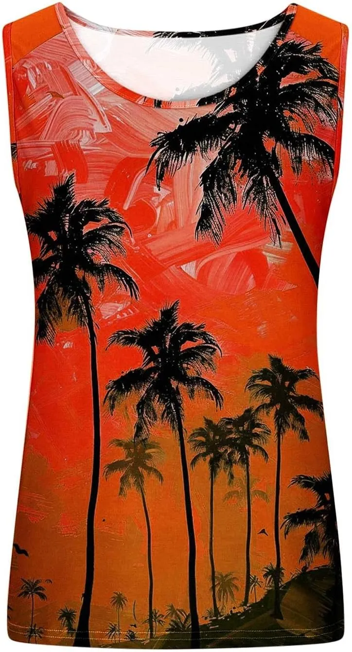 Womens Plus Size Tank Tops Summer Coconut Palm Print Sleeveless T-Shirts Vacation Beach Tops Casual Tunics Shirts