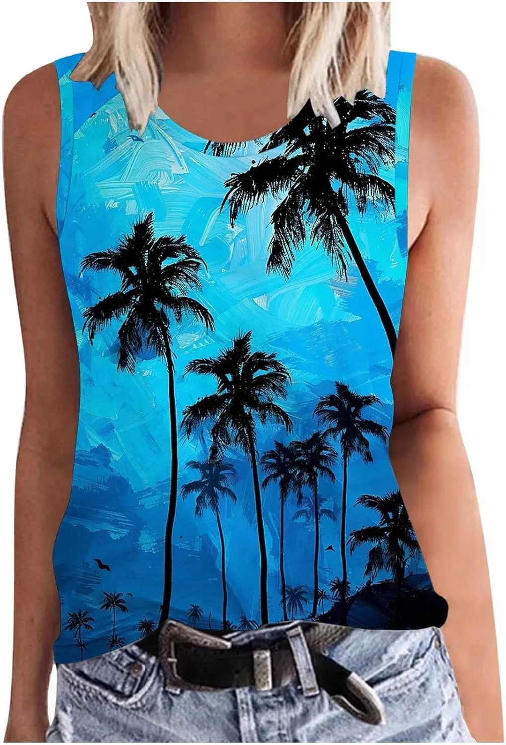 Womens Plus Size Tank Tops Summer Coconut Palm Print Sleeveless T-Shirts Vacation Beach Tops Casual Tunics Shirts