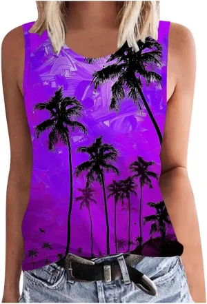 Womens Plus Size Tank Tops Summer Coconut Palm Print Sleeveless T-Shirts Vacation Beach Tops Casual Tunics Shirts
