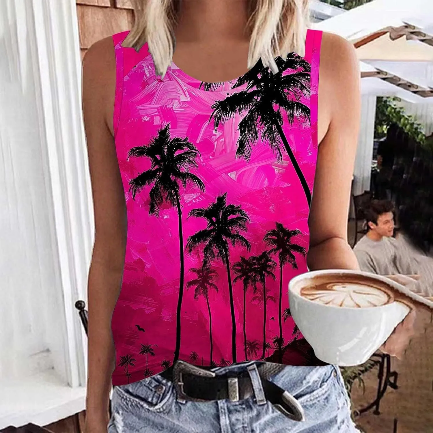 Womens Plus Size Tank Tops Summer Coconut Palm Print Sleeveless T-Shirts Vacation Beach Tops Casual Tunics Shirts