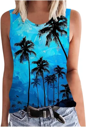 Womens Plus Size Tank Tops Summer Coconut Palm Print Sleeveless T-Shirts Vacation Beach Tops Casual Tunics Shirts