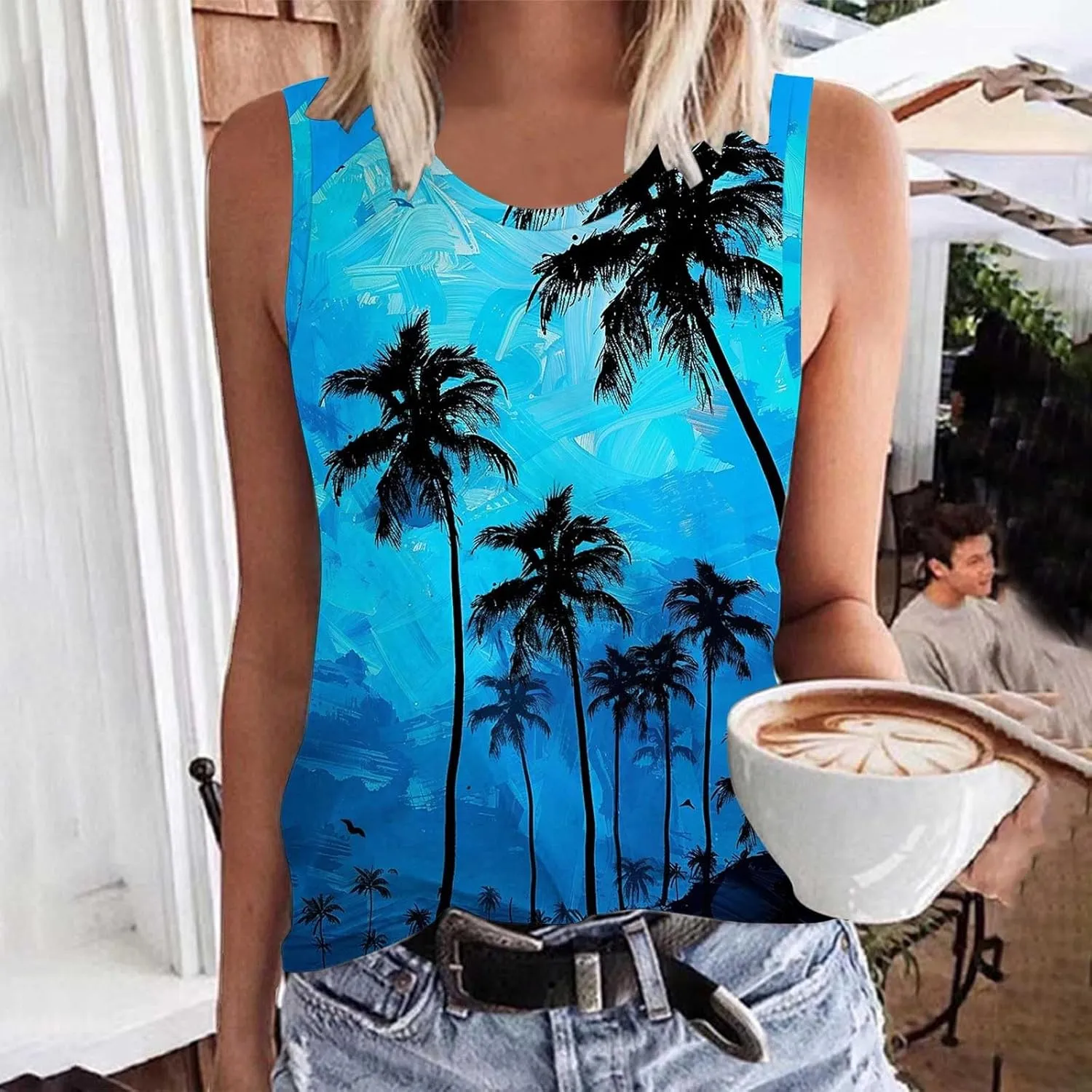 Womens Plus Size Tank Tops Summer Coconut Palm Print Sleeveless T-Shirts Vacation Beach Tops Casual Tunics Shirts