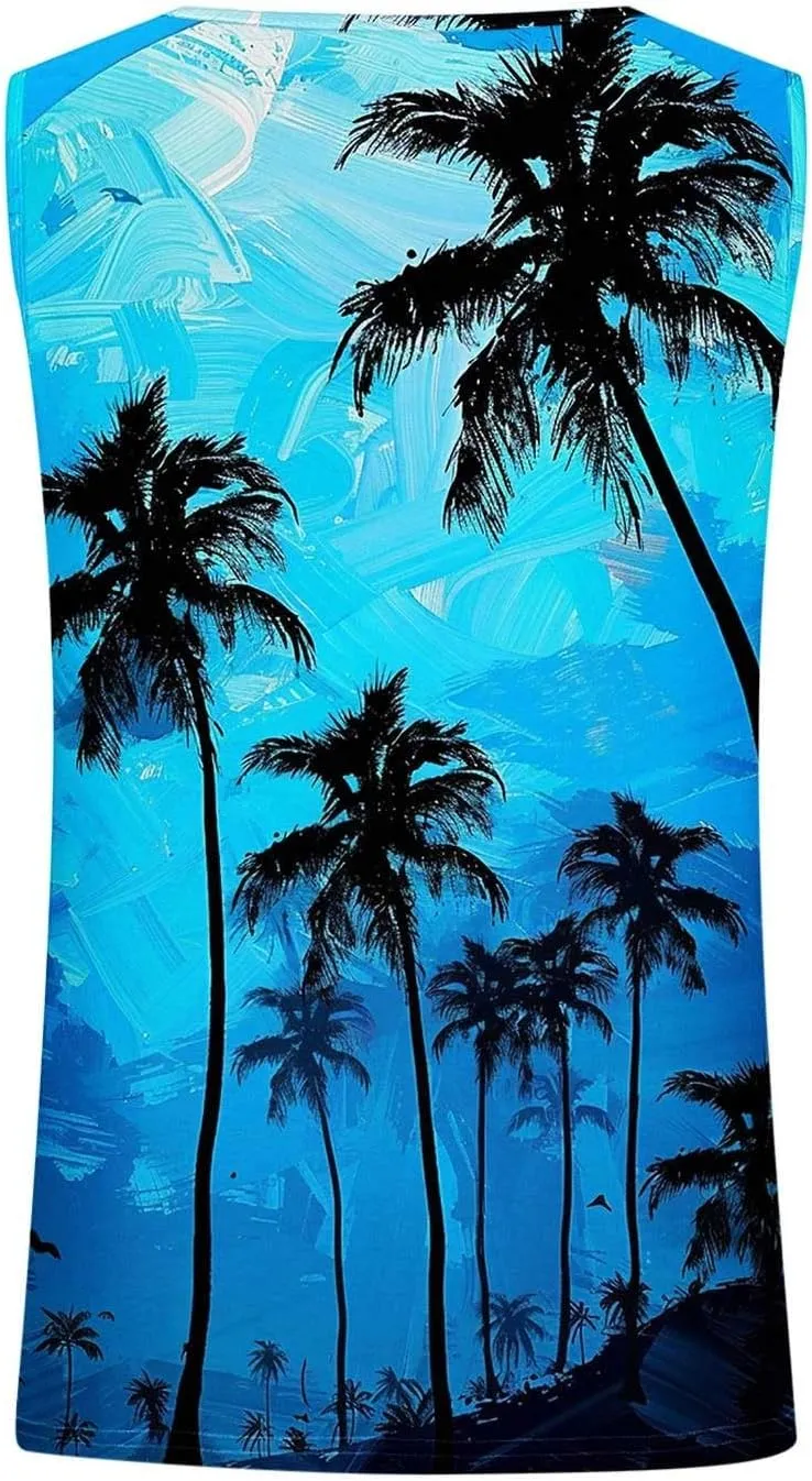Womens Plus Size Tank Tops Summer Coconut Palm Print Sleeveless T-Shirts Vacation Beach Tops Casual Tunics Shirts