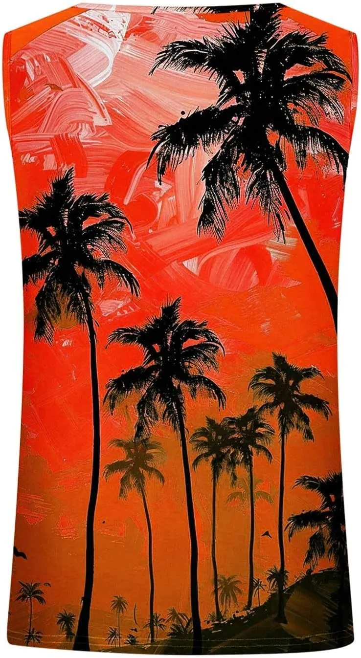 Womens Plus Size Tank Tops Summer Coconut Palm Print Sleeveless T-Shirts Vacation Beach Tops Casual Tunics Shirts