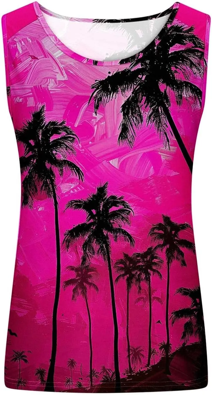 Womens Plus Size Tank Tops Summer Coconut Palm Print Sleeveless T-Shirts Vacation Beach Tops Casual Tunics Shirts
