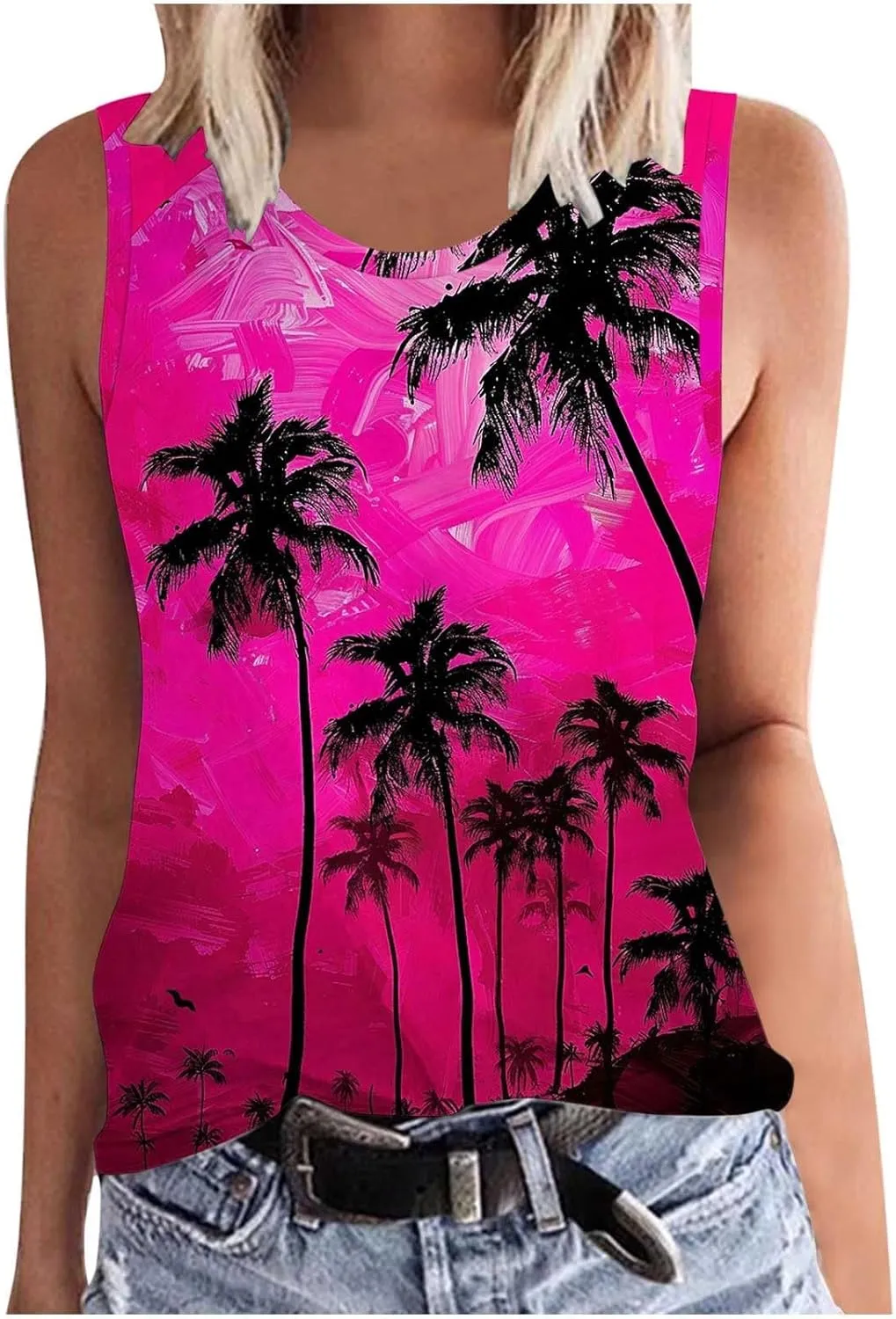 Womens Plus Size Tank Tops Summer Coconut Palm Print Sleeveless T-Shirts Vacation Beach Tops Casual Tunics Shirts