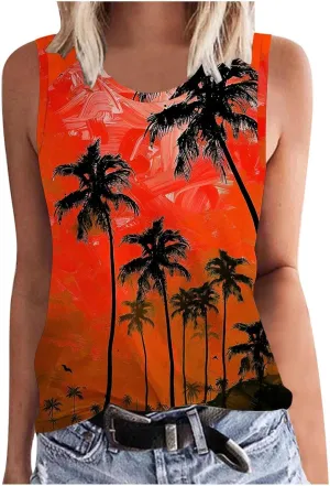 Womens Plus Size Tank Tops Summer Coconut Palm Print Sleeveless T-Shirts Vacation Beach Tops Casual Tunics Shirts
