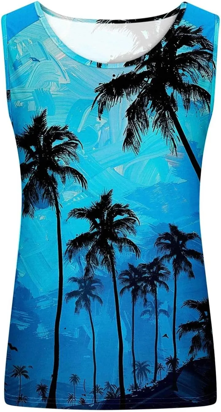 Womens Plus Size Tank Tops Summer Coconut Palm Print Sleeveless T-Shirts Vacation Beach Tops Casual Tunics Shirts