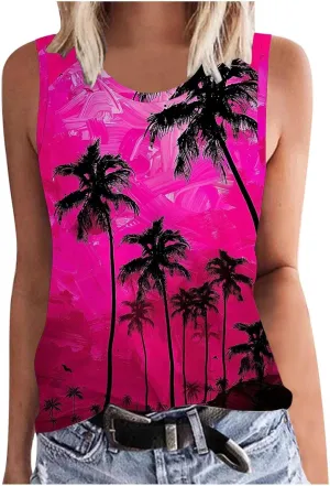Womens Plus Size Tank Tops Summer Coconut Palm Print Sleeveless T-Shirts Vacation Beach Tops Casual Tunics Shirts