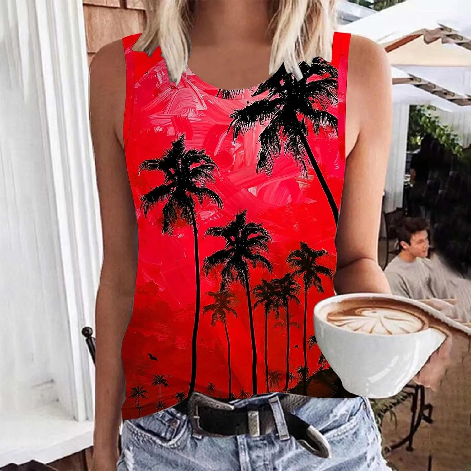 Womens Plus Size Tank Tops Summer Coconut Palm Print Sleeveless T-Shirts Vacation Beach Tops Casual Tunics Shirts