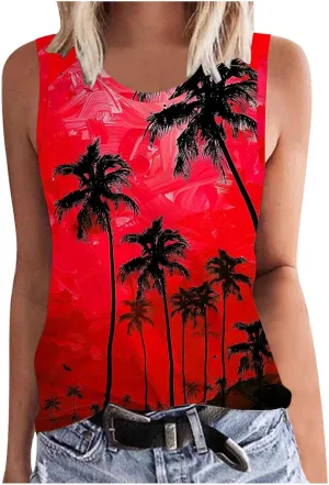 Womens Plus Size Tank Tops Summer Coconut Palm Print Sleeveless T-Shirts Vacation Beach Tops Casual Tunics Shirts