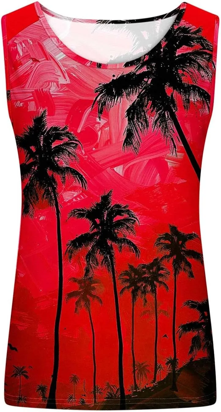 Womens Plus Size Tank Tops Summer Coconut Palm Print Sleeveless T-Shirts Vacation Beach Tops Casual Tunics Shirts