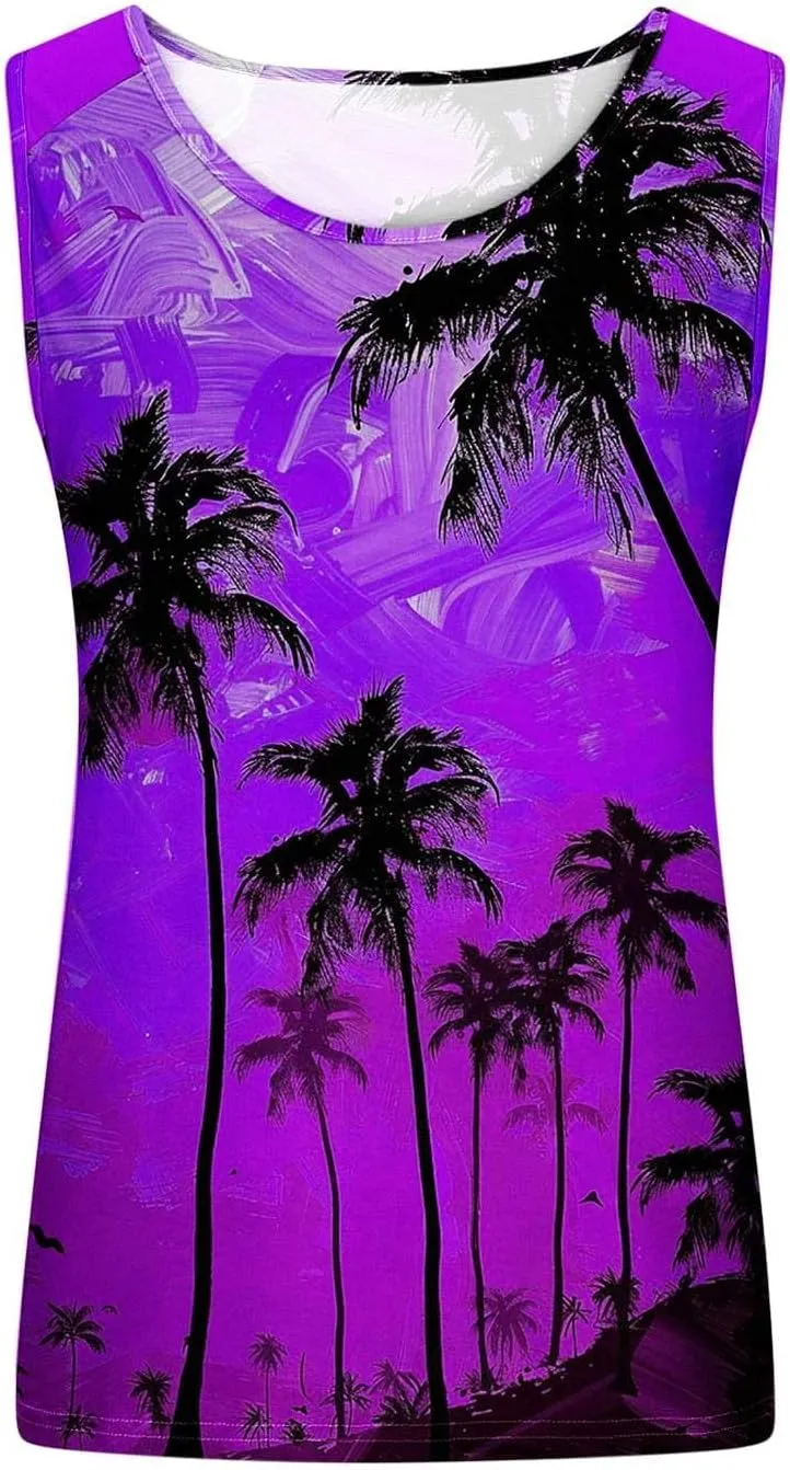 Womens Plus Size Tank Tops Summer Coconut Palm Print Sleeveless T-Shirts Vacation Beach Tops Casual Tunics Shirts