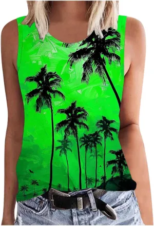 Womens Plus Size Tank Tops Summer Coconut Palm Print Sleeveless T-Shirts Vacation Beach Tops Casual Tunics Shirts