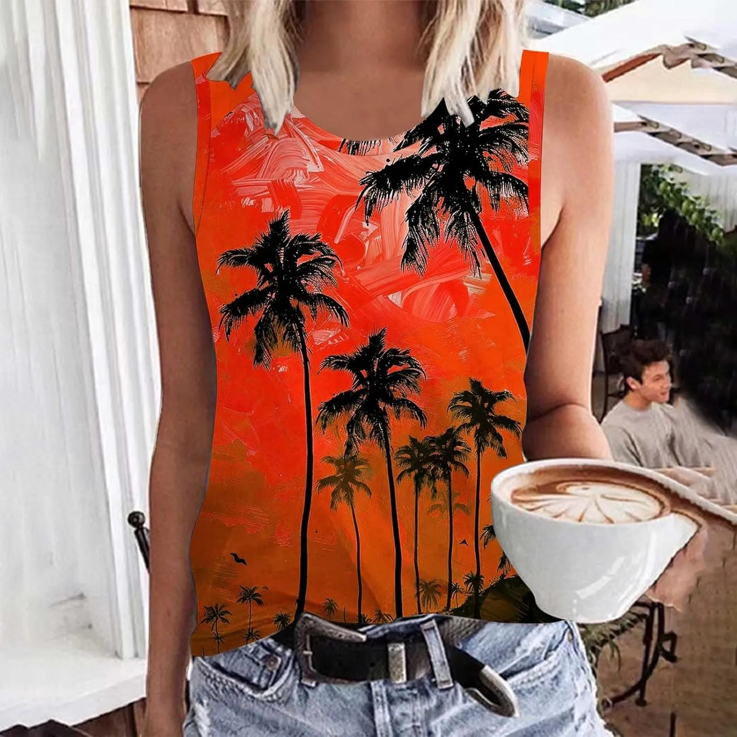 Womens Plus Size Tank Tops Summer Coconut Palm Print Sleeveless T-Shirts Vacation Beach Tops Casual Tunics Shirts