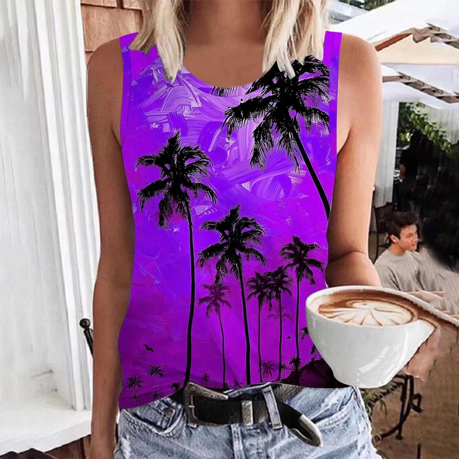 Womens Plus Size Tank Tops Summer Coconut Palm Print Sleeveless T-Shirts Vacation Beach Tops Casual Tunics Shirts