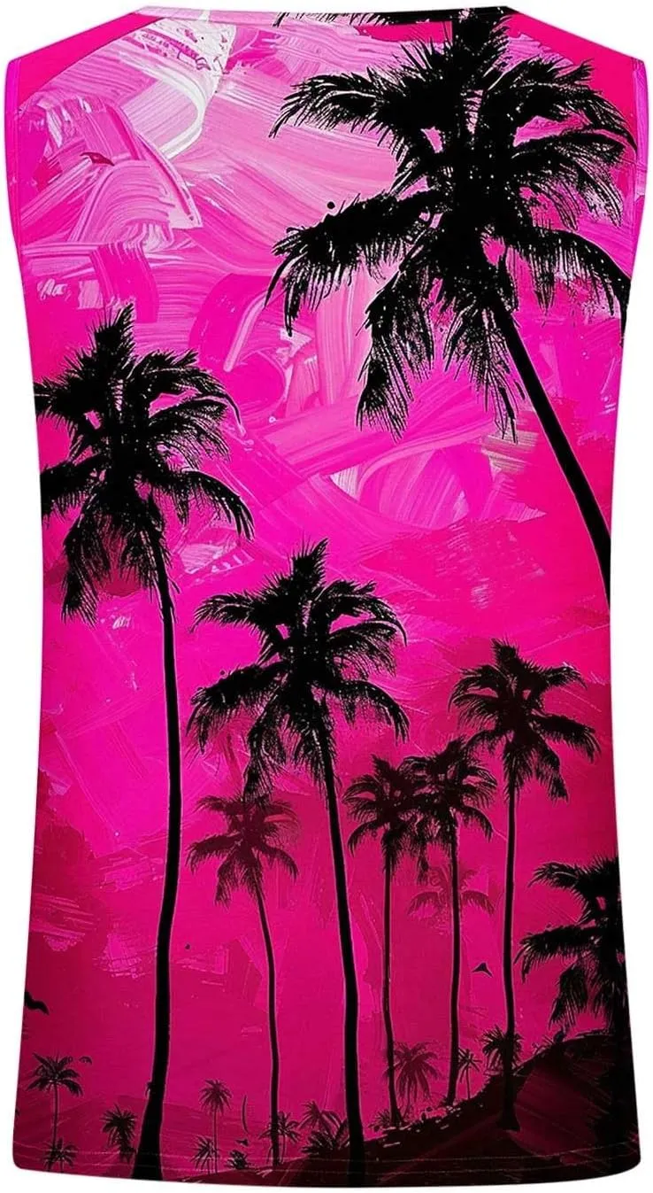 Womens Plus Size Tank Tops Summer Coconut Palm Print Sleeveless T-Shirts Vacation Beach Tops Casual Tunics Shirts