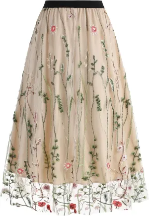 Women's Retro 50s Vintage 1950s Floral Tulle Embroidery Flared A-Line Pleated Midi Skirts