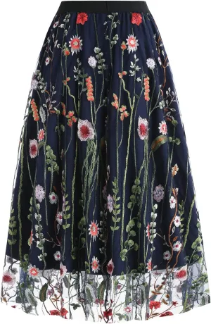 Women's Retro 50s Vintage 1950s Floral Tulle Embroidery Flared A-Line Pleated Midi Skirts