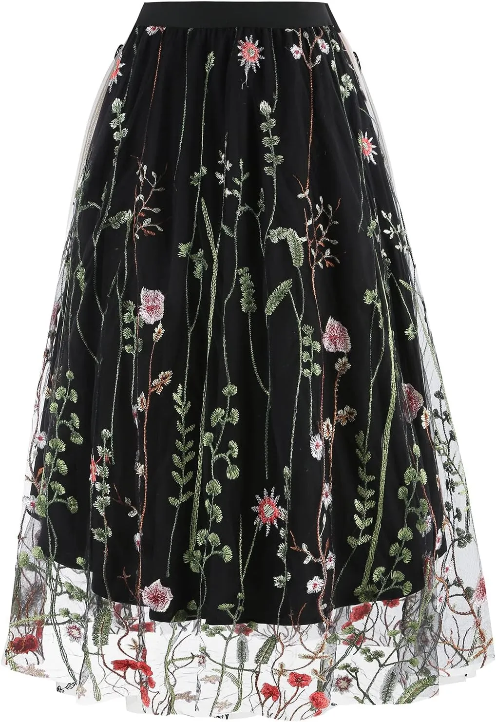Women's Retro 50s Vintage 1950s Floral Tulle Embroidery Flared A-Line Pleated Midi Skirts