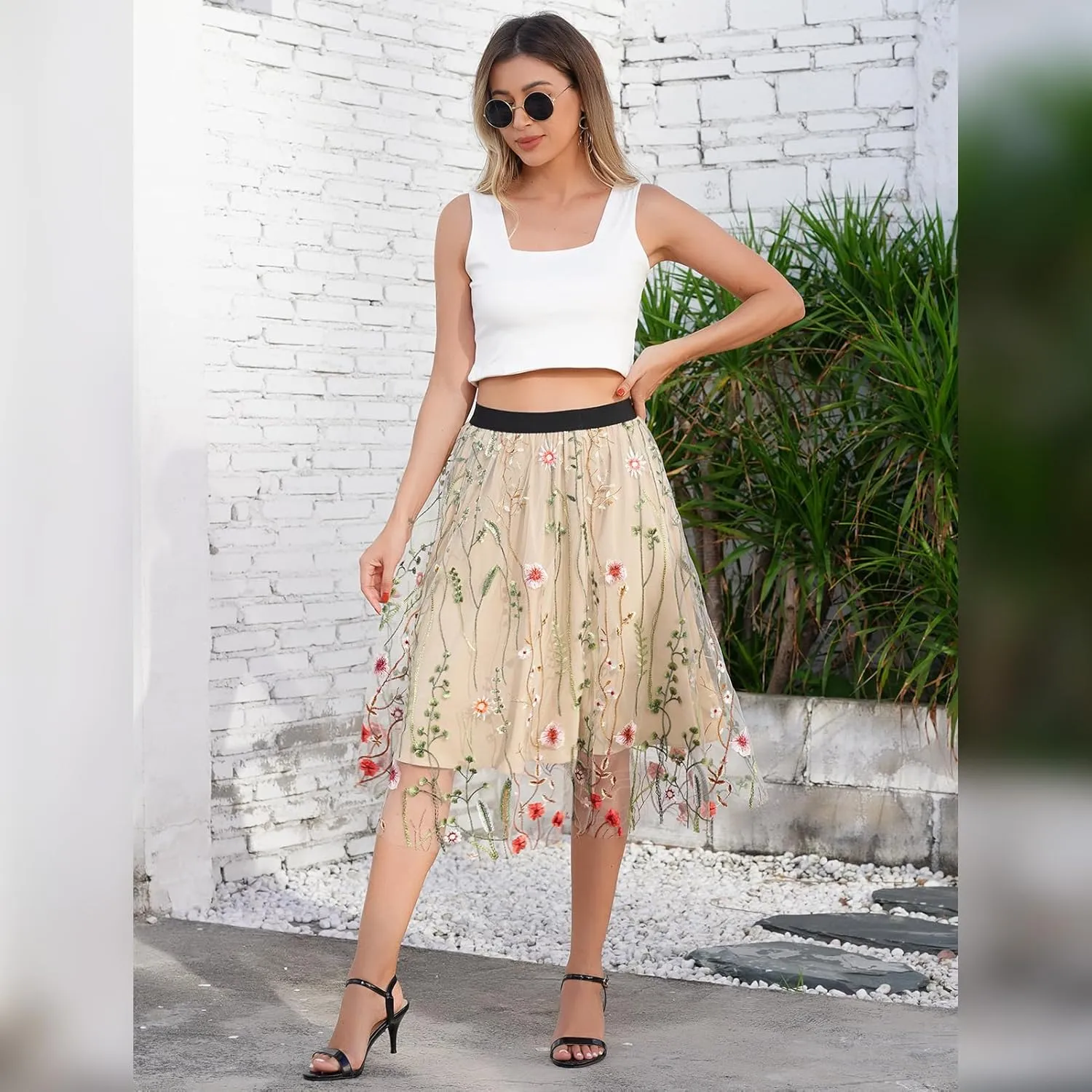 Women's Retro 50s Vintage 1950s Floral Tulle Embroidery Flared A-Line Pleated Midi Skirts