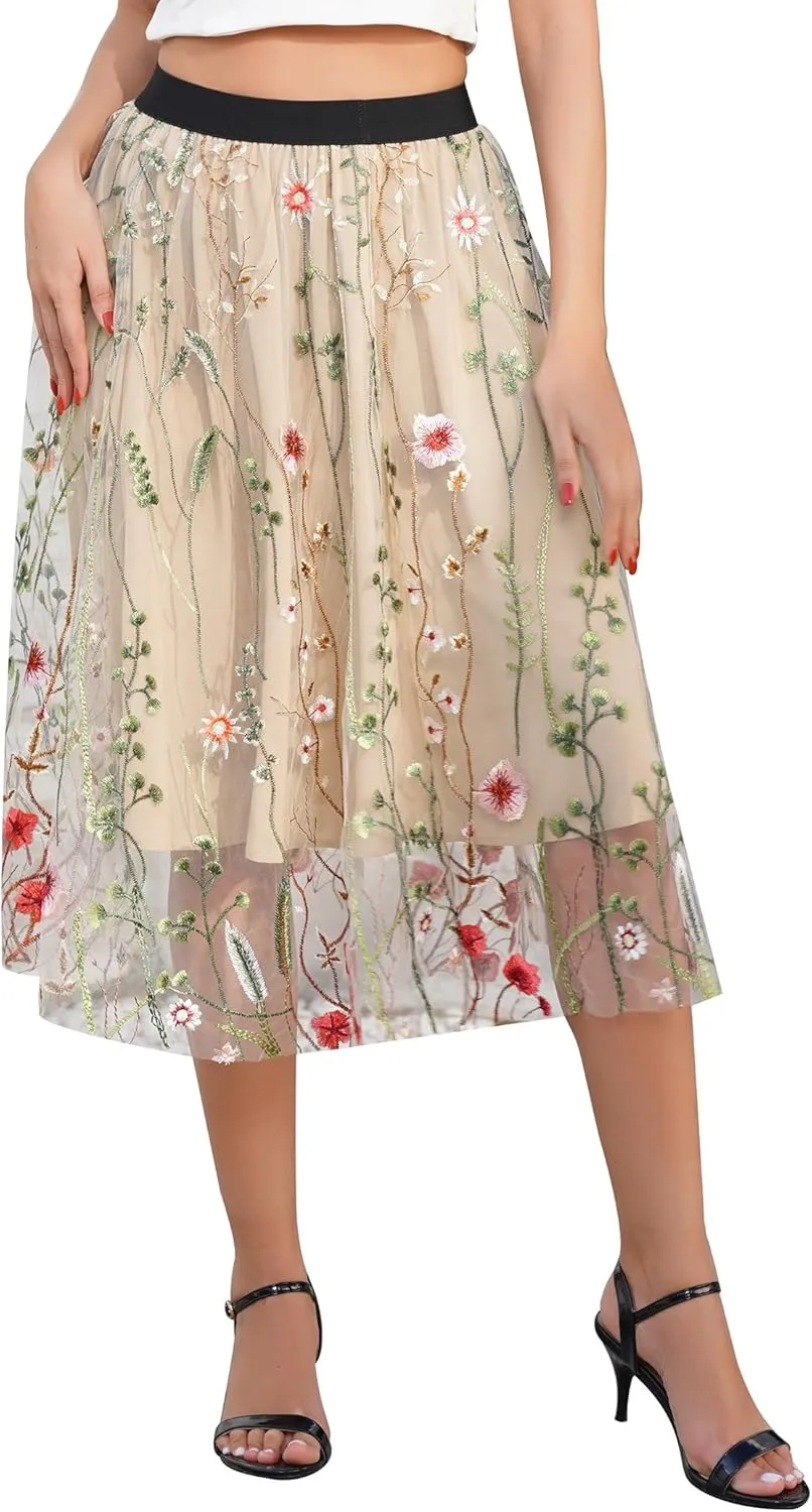Women's Retro 50s Vintage 1950s Floral Tulle Embroidery Flared A-Line Pleated Midi Skirts
