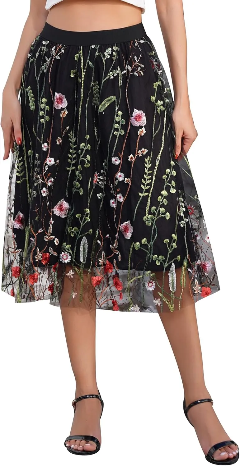 Women's Retro 50s Vintage 1950s Floral Tulle Embroidery Flared A-Line Pleated Midi Skirts