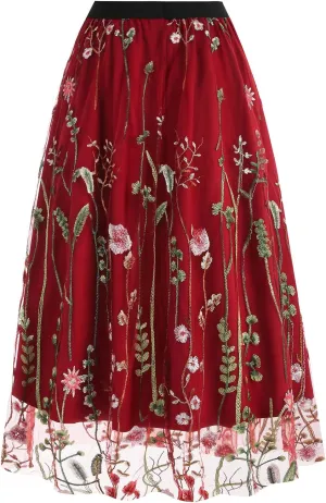 Women's Retro 50s Vintage 1950s Floral Tulle Embroidery Flared A-Line Pleated Midi Skirts