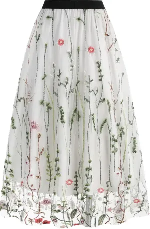 Women's Retro 50s Vintage 1950s Floral Tulle Embroidery Flared A-Line Pleated Midi Skirts