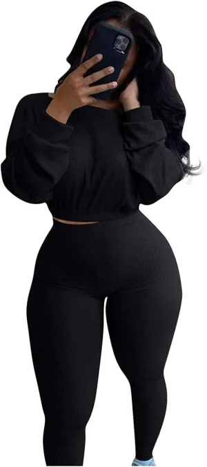 Womens Ribbed 2 Piece Outfits Long Sleeve Crop Top Pullover Skinny Long Pants Sweatsuits Set Tracksuit
