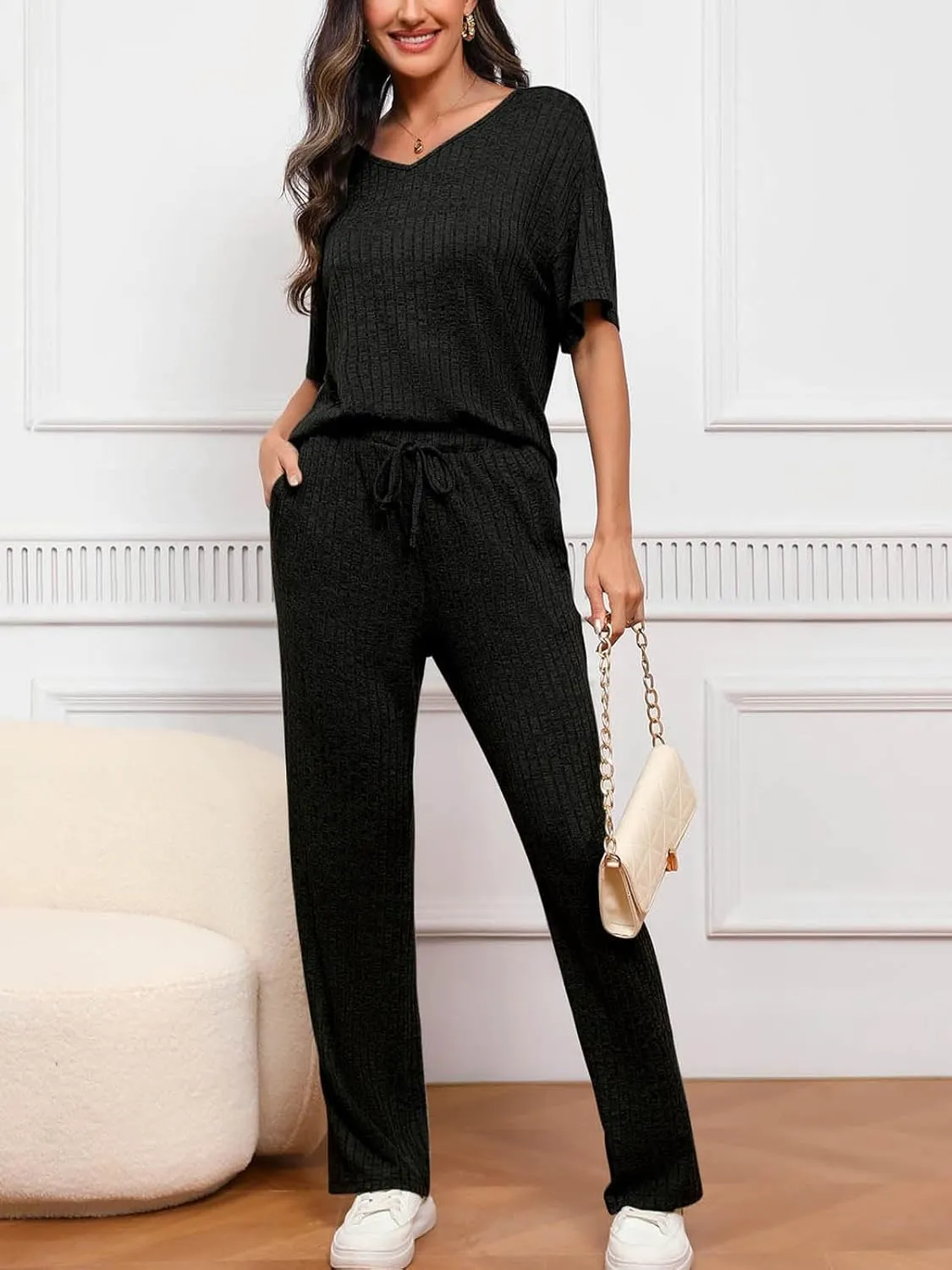 Women's Ribbed Knit Lounge Sets Two Piece Short Sleeve V Neck Sweater Matching Pajama Set Tops and Long Pants