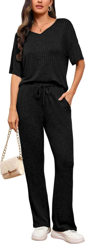 Women's Ribbed Knit Lounge Sets Two Piece Short Sleeve V Neck Sweater Matching Pajama Set Tops and Long Pants