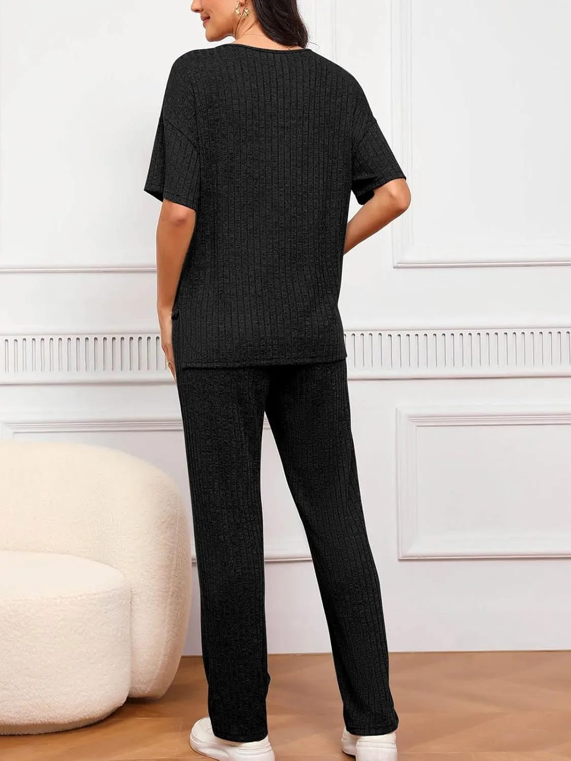 Women's Ribbed Knit Lounge Sets Two Piece Short Sleeve V Neck Sweater Matching Pajama Set Tops and Long Pants