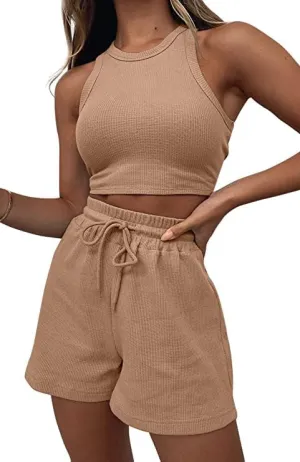 Women's Ribbed Knit Pajama Sleeveless Sweatsuits Crop Top Pullover Tracksuits Round Neck Loungewear Set