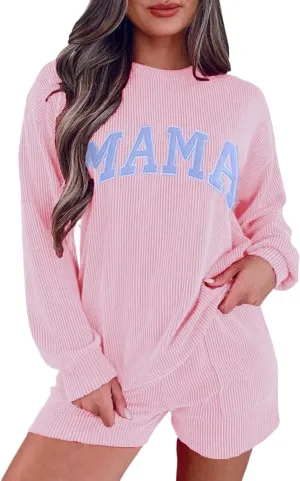Womens Ribbed Pajama Sets Long Sleeve Top and Shorts Matching Lounge Set Loungewear Sweatsuit with Pockets