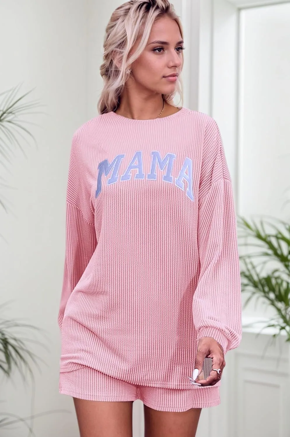 Womens Ribbed Pajama Sets Long Sleeve Top and Shorts Matching Lounge Set Loungewear Sweatsuit with Pockets